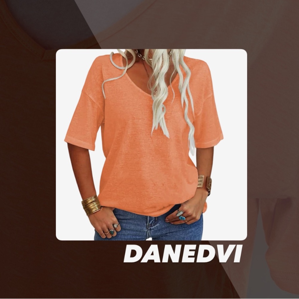 EUC Danedvi Orange V Neck Half Sleeve Tee Shirt
